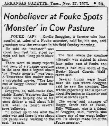 News Articles on Bigfoot  Fouke Monster Spotted In Cow Pasture 1973 Article