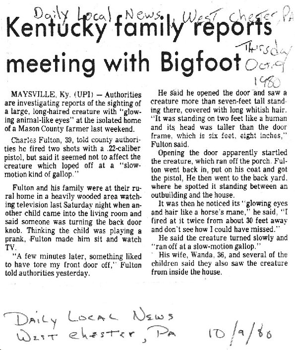 Bigfoot Maysville, Kentucky Strange Creature sighted, glowing red eyes